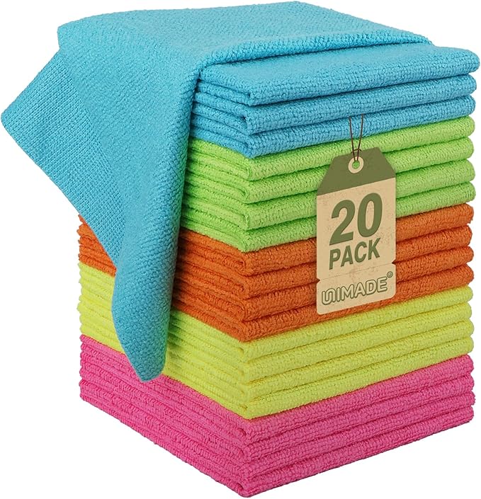 UNIMADE Microfiber Cleaning Cloth, 20 Pack Reusable Microfiber Towels for Cars Lint Free Cleaning Shop Towel Rags for Home Kitchen Automotive Bar Mechanic Restaurant Garage, 11.5"x 11.5", Multicolor
