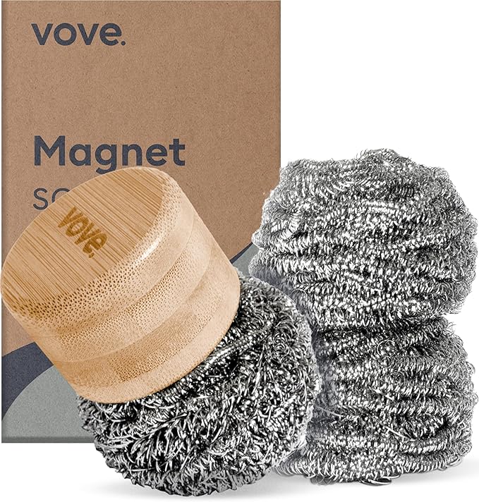 Vove Magnetic Scourer – Rust-Free Stainless Steel Scrubber with FSC-Certified Bamboo Handle, 3 Replacement Pads, for Cast Iron, Pots & Pans, Plastic-Free Zero Waste Cleaner