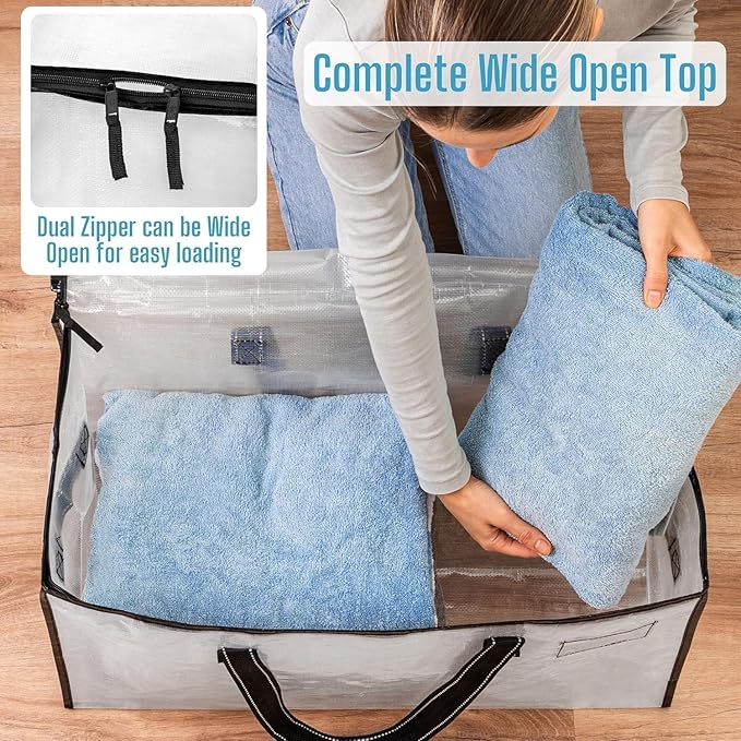 VENO 4 Pack Moving Bags, Christmas Storage Bins, Moving Boxes Alternative, Comforter and Blanket Storage Bags, College Dorm Packing Supplies, Foldable Heavy-Duty Tote (Clear, 4 Pack)