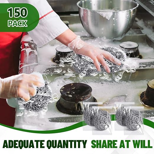 Honeydak 150 Pack Stainless Steel Scourers Steel Wool Scrubbers Bulk Separately Packaged 3 Inch, 25 Gram Metal Scourers Sponges Wire Scouring Pad for Stove Pot Pan Oven Kitchen Restaurant(Classic)
