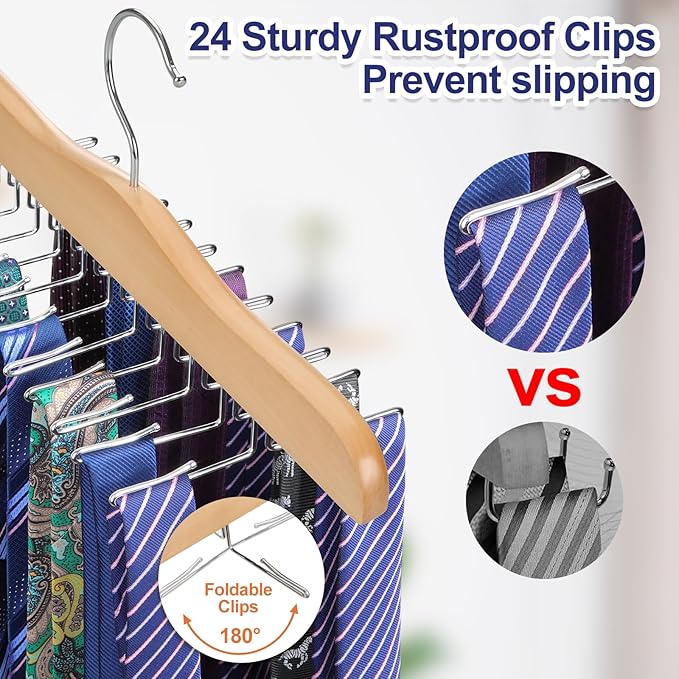 TOPIA HANGER Tie Rack Hanger for Closet, Wooden Tie Organizer for Men with 24 Folding Hooks, Space Saving Necktie Holder for Storage and Display Bra, Tank Top, Camisole (2-Pack), Natural- CT14N-2