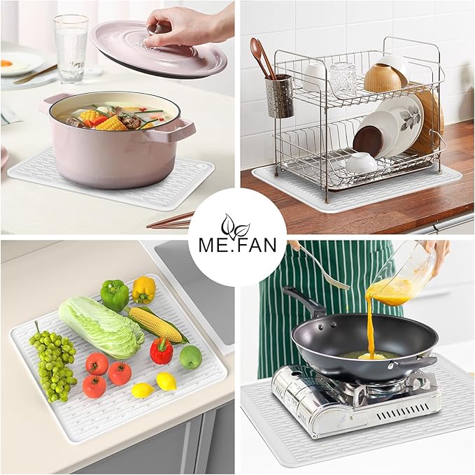 ME.FAN Silicone Dish Drying Mat for Kitchen Counter, Dish Drying Pad for Sink, Refrigerator or Drawer, Countertop Protection Pad XL - 23''×17'' - White