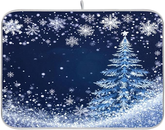 Christmas Tree Blue Dish Drying Mat for Kitchen Countertop 18x24 Winter Snowflake Silver Xmas Large Drying Mat Reusable Quick Dry Dish Sink Mats Easy Clean Decorative Essentials