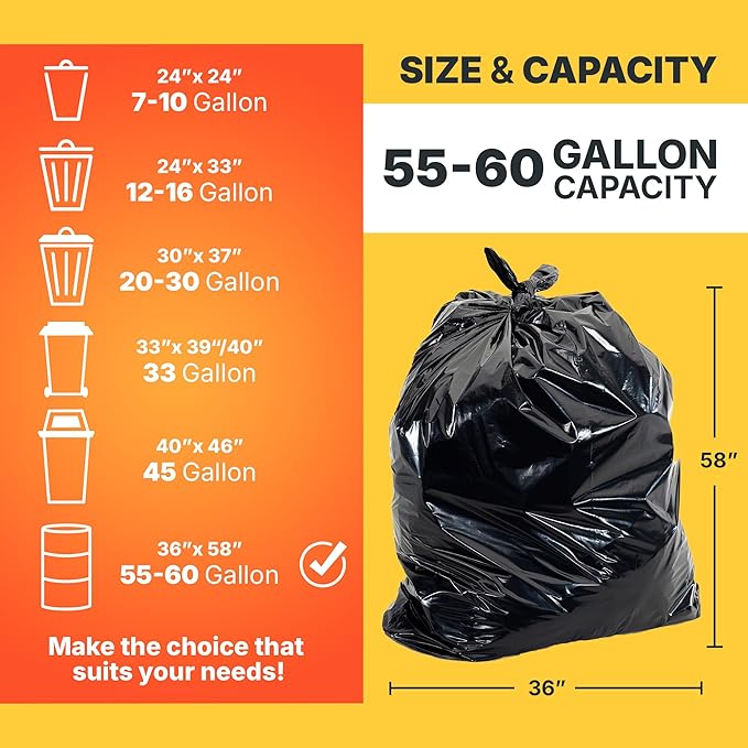Bagtron 55-60 Gallon Trash Bags, 30 Micron Heavy Duty Pure LDPE Garbage Can Liners, 36" x 58" Large, Black, 100 Count