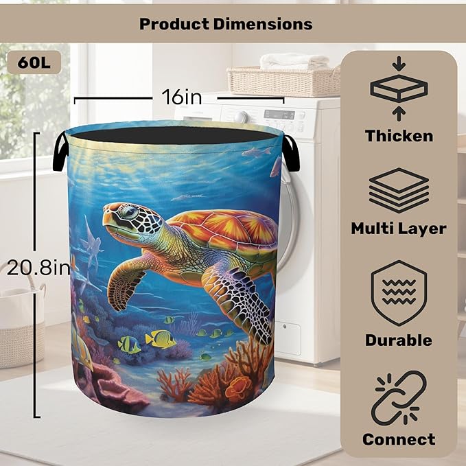 Sea Turtle Large Clothes Hamper Bag - Laundry Basket with Handles, Space Saving Foldable Design for Nursery