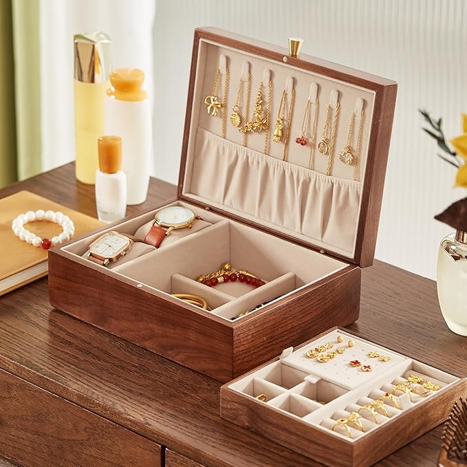 CHOSIN Black Walnut Wooden Jewelry Box for Women 2 Layer Jewelry Organizer with Removable Tray for Watches Rings Earrings Necklace Bracelets Storage Valentine's Day Gifts