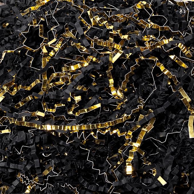 Mefleet 1 LB Crinkle Cut Paper Shred Filler Black & Gold Crinkle Shredded Paper for Gift Box - Gift Basket Bag Filler - Grass Cushion Stuffing for Christmas Holiday Packaging Wrapping