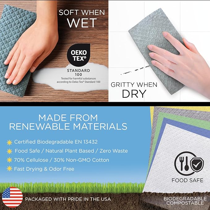 LOLA Swedish Dishcloths for Kitchen XL, 12 Sheet Roll, Biodegradable & Compostable, Reusable Paper Towel Cleaning Cloths, 11" x 10", No Odor, Washing Dishes, Ultra Absorbent Cellulose Sponge Towel