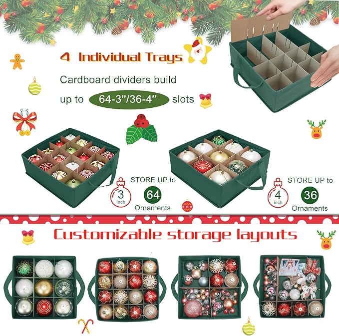 Large 2-in-1 Christmas Ornament Storage Box & Xmas Figurine Container,4 Separate Trays Keep 64-3"/ 54-4" Holiday Ornaments,Adjustable Extent Area for Figurines and Pockets for Decoration