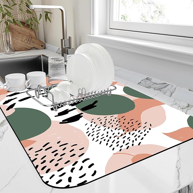 Dish Drying Mat Abstract Dots Lines Doodle Pattern Kitchen Mat 12"x19" Bsorbent Coffee Maker Mat for Dishes Utensils Coffee Maker Pots and Pans Easy Clean Dish Slip Resistant Pad