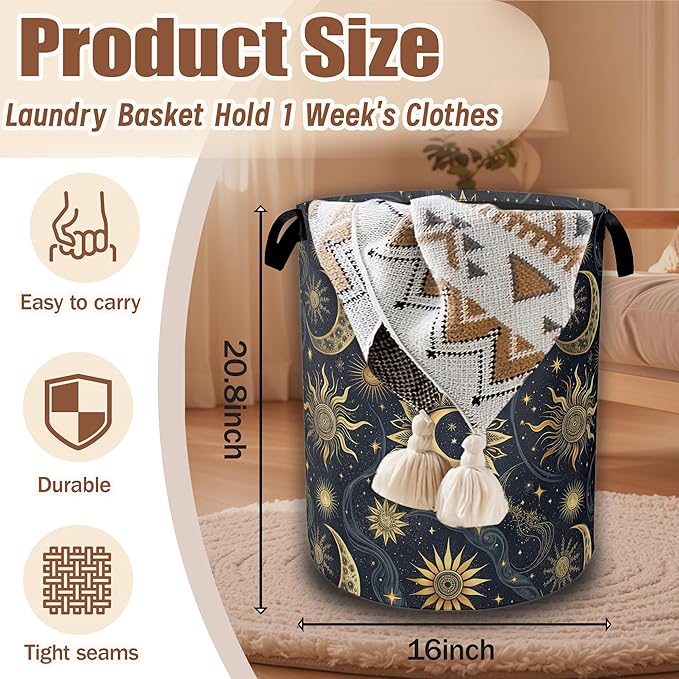 Celestial Golden Sun Moon Laundry Hamper,Laundry Baskets,Waterproof Oxford Cloth Toy Storage for Bedroom,Bathroom,Nursery,16x20.8 Inch