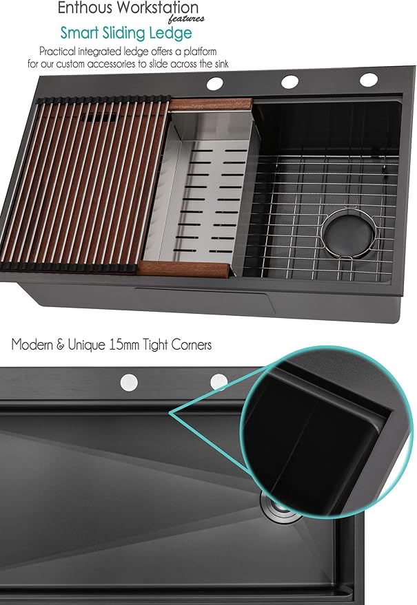 Workstation Topmount/Drop-in Stainless Steel Sink (Black Nano, 42 Inch Single Bowl)