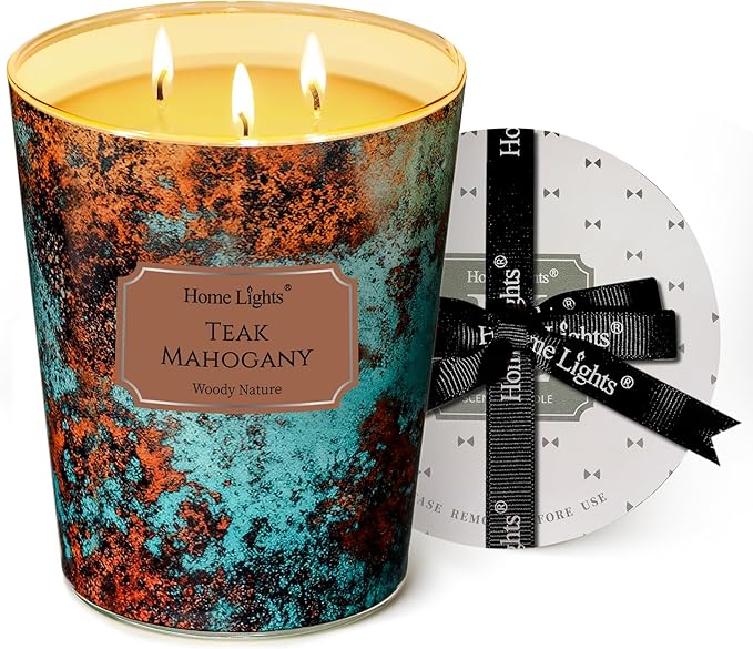 HomeLights Scented Candles | Large Jar 34 Oz Natural Soy Candle | 130 hrs Long-Lasting with 3 Wicks | Industrial Chic Home Decor | Gifts for Mom & Women, Teak Mahogany