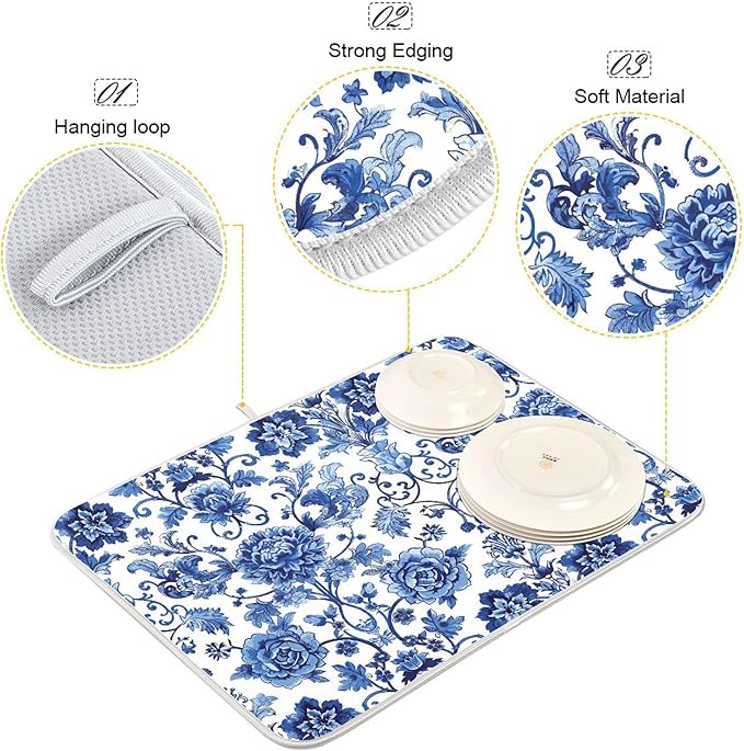 Blue White Porcelain Peony Dish Drying Mat for Kitchen Countertop 18x24 Rectangle Large Drying Mat Reusable Quick Dry Dish Sink Absorbent Mats Dishwasher Easy Clean Decorative Home Decor Essentials