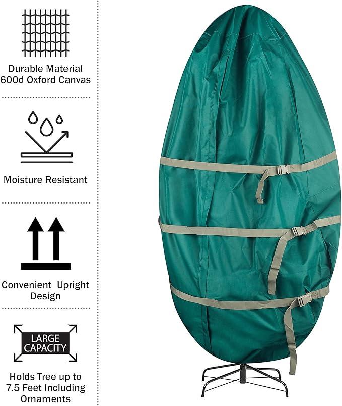 Upright Christmas Tree Storage Bag - Canvas Cover for 7.5-Foot Artificial Trees, Inflatables, and Christmas Decorations by Elf Stor (Green)