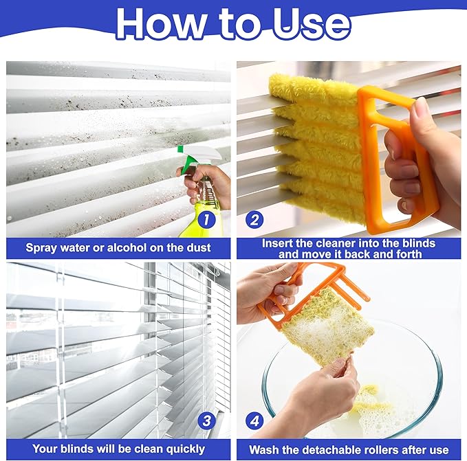 Blind Cleaner Duster Tool - 2 Pcs 7 Fingers Anti-Shedding Window Blind Cleaner Tool and 2 Pcs Air Vent Cleaner, with High-Density Microfiber Fleece and Ergonomic Handle, Detachable and Washable