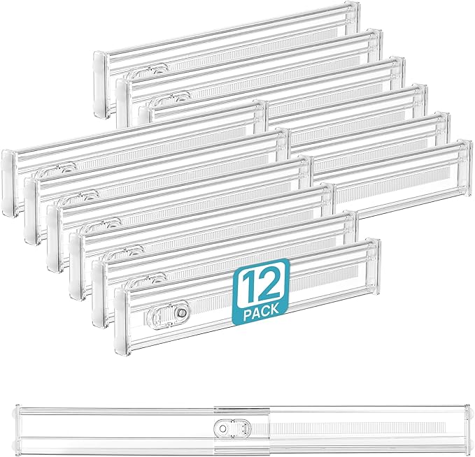 Vtopmart 12 Pack 2.36" Short Upgrade Drawer Dividers for Kitchen Drawer, 12.8"-22.3" Expandable Kitchen Drawer Organizer, Clear Plastic Organizer Separator for Flatware, Utensil, Cutlery, Underwear