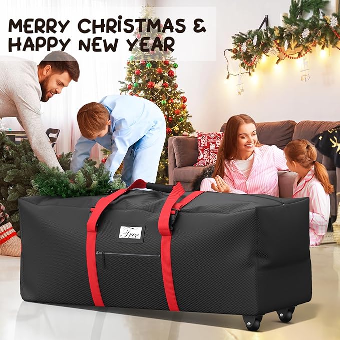 Mrrihand Christmas Tree Storage Bag, Large Artificial Anti-Tear Heavy-Duty 600D Oxford Cloth Xmax Christmas Tree Storage Box with Rolling Wheels, Christmas Tree Storage Container (Black, 9Ft)