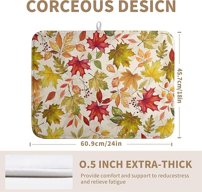 Wnoesat Fall Maple Leaves Dish Drying Mat for Kitchen Counter 18 x 24 Inch Autumn Thanksgiving Absorbent Reversible Microfiber Dish Draining Mat Washable Dish Drainer Rack Mat for Coffee Bar