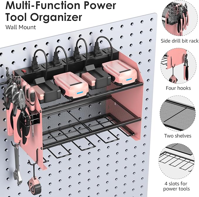 CCCEI Modular Power Tool Organizer Wall Mount with Charging Station. Garage Drill Storage Shelf with Hooks, Heavy Duty Rack, Tool Battery Holder Built in 8 Outlet. Gift for Men. Pink, 1 Pack.
