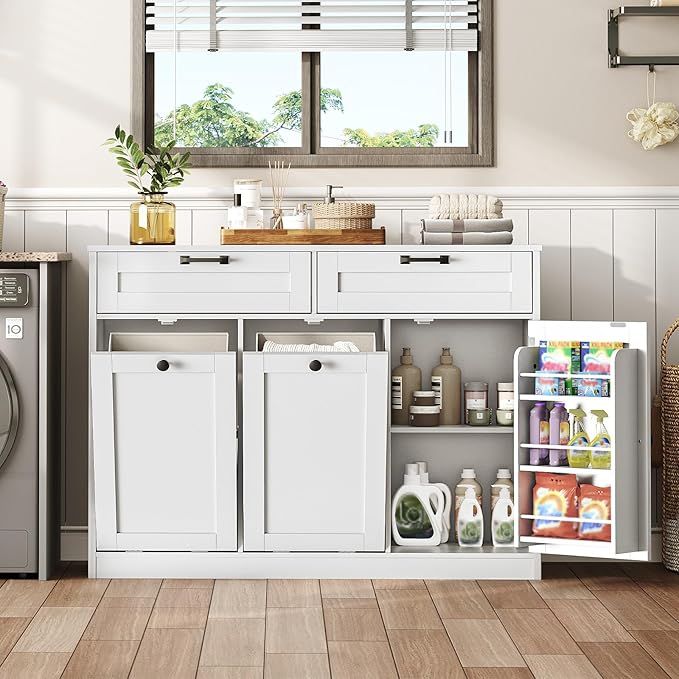 Double Tilt Out Laundry Hamper Cabinet, 43.3" Laundry Storage Cabinet with 2 Removable Baskets, Farmhouse Wooden Hidden Trash Bin Cabinet with Open Shelving, for Bathroom, White