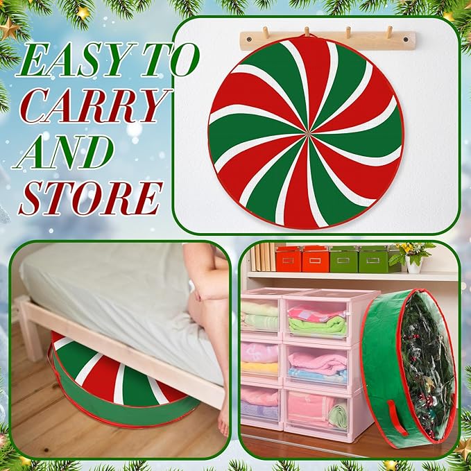 4 Pack 36 Inch Wreath Storage Containers, Hard Shell Christmas Garland Storage Bags with Handle Dual Zipper, Large Red Green Round Storages Box for Xmas Valentine Winter Wreath