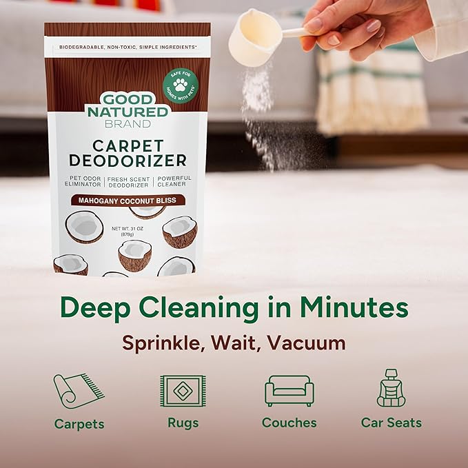 Good Natured Brand | Carpet Deodorizer & Freshener Powder | 31 oz Pet Odor Eliminator for Strong Odor & Pet Urine | Fresh Natural Mahogany Coconut Bliss Scent | Safe for Homes with Pets