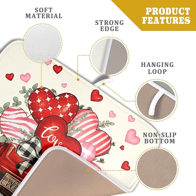 Valentines Day Red Truck Dish Drying Mat for Kitchen Counter 18x16 Inch Pink Heart Drying Mat with Absorbent Reversible Microfiber Love Dish Drainer Mats Rack Pad for Coffee Countertop Protector