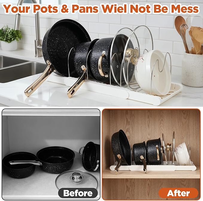 Oqqlin 2 Pcs Expandable Pot and Pan Organizer, Adjustable Pot Lid Holder with 7 Dividers Under Cabinet White Plastic Cookware Rack for Kitchen, Cabinet, Cookware - Space-Saving