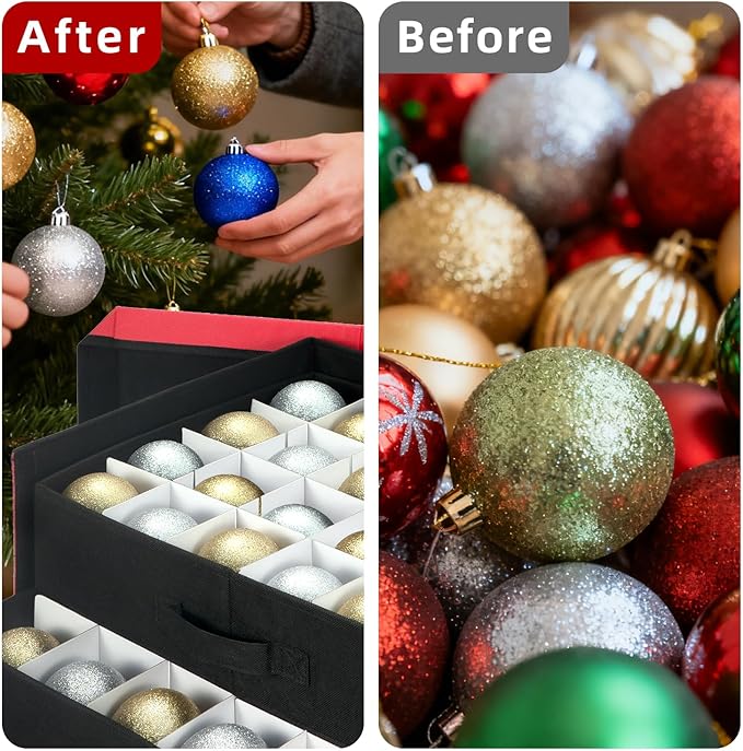 inin Christmas Ornament Storage Box with Adjustable Dividers,Stackable Drawer Ornament Organizers,Ornaments Storage Container Bin with Lid for Xmas Decorations (72 Ball, Red, with Removable Tray)