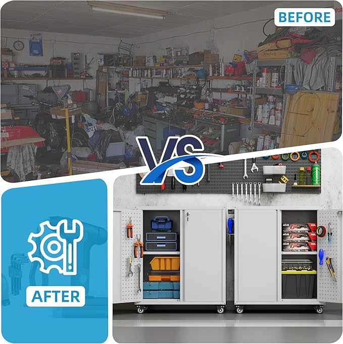 13.8" D x 26" W x 34.3" H Metal Storage Cabinet with Pegboard and Hooks,Garage Storage Cabinet with Wheels and 2 Lockable Doors for Garage,Home,Office,Assembly Required,White