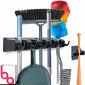 Combo 5 Slot Broom Holder w/ 1 Self Adhesive Mop Gripper No-Drilling, Wall Mount Tool Organizers For Kitchen, Garage, Laundry Room- Anti-Slip Hanger For Brooms, Mops, Rakes, Dustpans (Black / Black)
