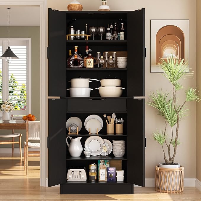 Unikito 71" Tall Kitchen Pantry Cabinet with Farmhouse Barn Doors and Storage Drawer, 4 Adjustable Shelves, Freestanding Cupboard for Kitchen, Dining Room, Living Room, Utility Room, Black
