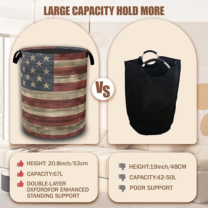 American Flag Grunge Laundry Basket,Waterproof Foldable Laundry Hamper,Dirty Clothes Basket, Linen Bin Storage Organizer Collection 16" x 20.8"