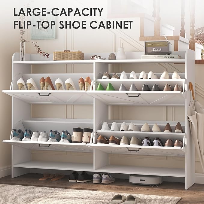 Shoe Cabinet with 4 Flip Drawers, Slim Narrow Shoe Storage Cabinet with Adjustable&Removable Shelves, Freestanding Wood Hidden Shoe Organizer for Entryway, Hallway (White)