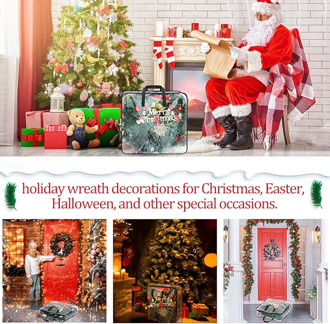4 Pcs Christmas Wreath Storage Container Clear Organizer Bag for Xmas Moving With Handles and Dual Zipper Holder Plastic Tote (24 x 7 Inch)