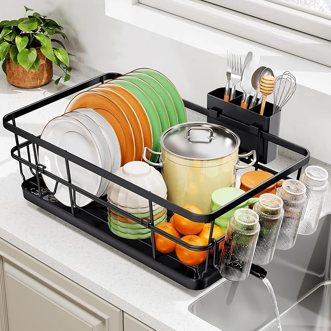 TOOLF Large Dish Drying Rack for Kitchen Counter,Kitchen Dish Racks with Drainboard,Sink Dish Strainer Rack,Countertop Dish Drainer Rack with Cup & Utensil Holders,Black
