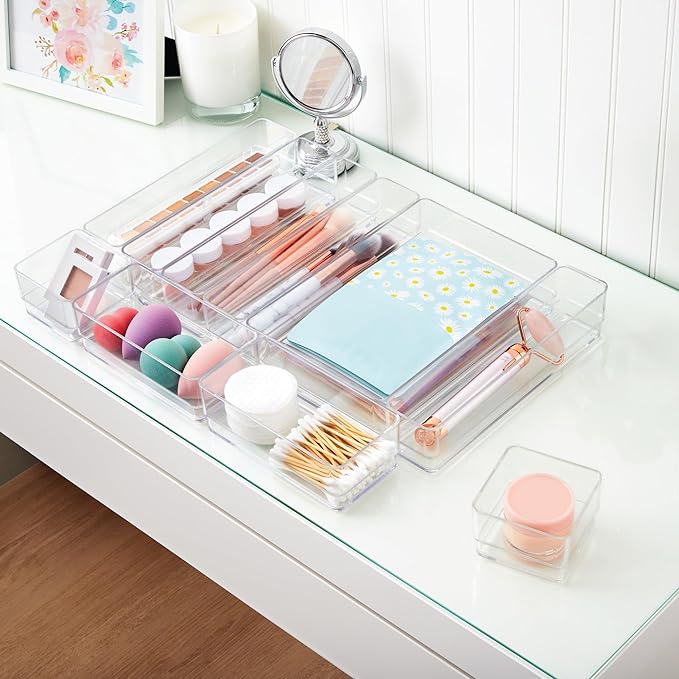 STORi SimpleSort 10-Piece Stackable Clear Drawer Organizer Set | Multi-size Trays | Makeup Vanity Storage Bins and Office Desk Drawer Dividers | Made in USA