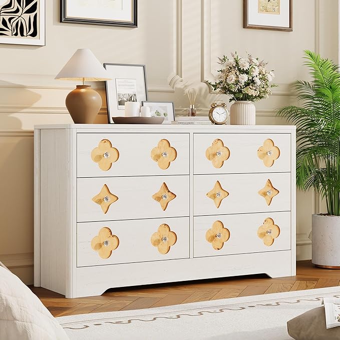 Garvee Dresser for Bedroom with 6 Drawers, 47.2'' Wide Chest of Large Decorative Drawer Front with Large Clothes Storage Cabinet, Wood Bedroom Dresser, TV Stand for Nursery, Living Room, White