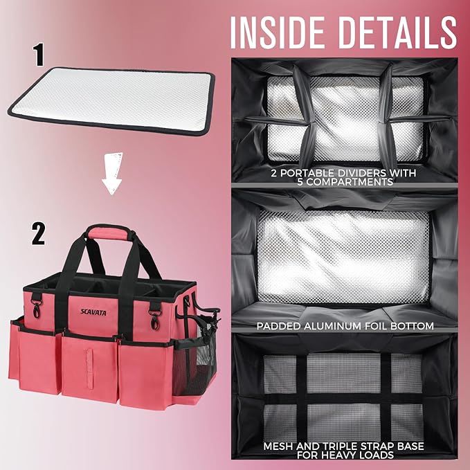 Wearable Cleaning Caddy Bag, Cleaning Caddy Supplies Organizer with Handle & Shoulder Straps for Housekeepers, Under Sink & Car Cleaning Tool Organizers with 4 Foldable Divider (RoseRed)
