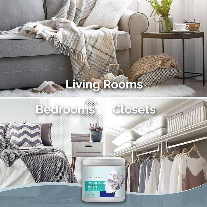 SMELLS BEGONE 15oz Gel Odor Eliminator - Absorb & Remove Tough Odors in Pet Areas, Bathrooms, Basements, Garage, Cars, RVs & Boats - Eliminate Odors Quickly (6-Pack, Soothing Breeze)