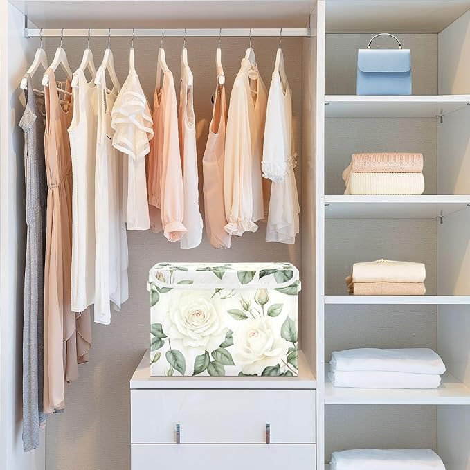Flower Baskets Collapsible Storage Bins with Lids, White Rose Flower Storage Boxes Clothes Baskets for Organizing