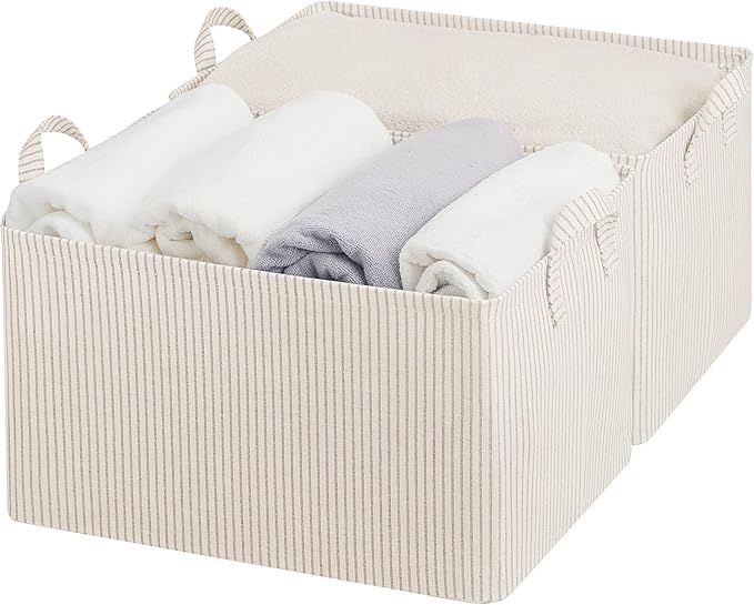 StorageWorks Storage Bins, Fabric Storage Bins for Shelves, Extra Large Storage Baskets with Metal Frame, Closet Baskets and Bins with Handles, Jumbo, Gray and White Stripes, 2-Pack