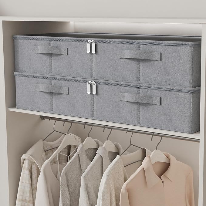 ENUMAIL Underbed Storage Box, Foldable Under Bed Bins Container, Organizer Baskets with Lid for Organizing Clothes, Sheets, Pillows, Comforter, 31.4x15.7x5.9in, Grey, 3 Pack