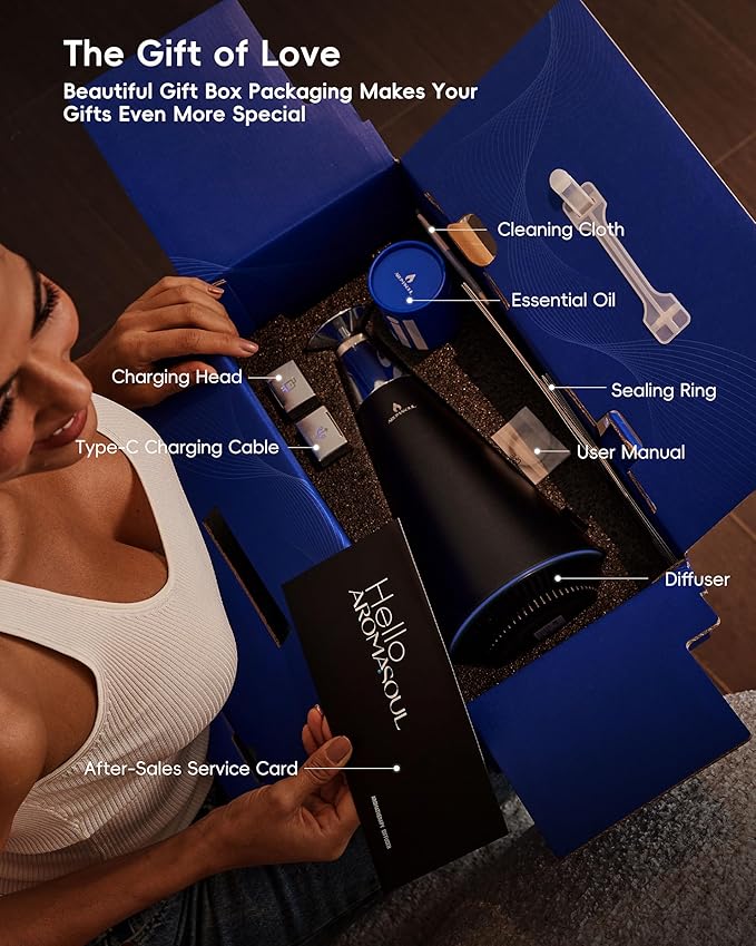 Waterless Scent Diffuser Starter Kit - 1500 Sq Ft Coverage, Alloy Atomization System,Mood Light,Smart Rechargeable Hotel Scent Diffuser, Including 120ml Essential Oil, for Home,Large Room,Spa,Black