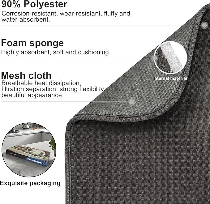FULL BE DARE 2-Pack Dark Gray Dish Drying Mat 18 x 24 inches – XL Drying Matt Kitchen Counter,Dish Drying Mats for Kitchen Counter, Super Absorbent, Anti-Slip, Fast Drying, Kitchen Must-Have