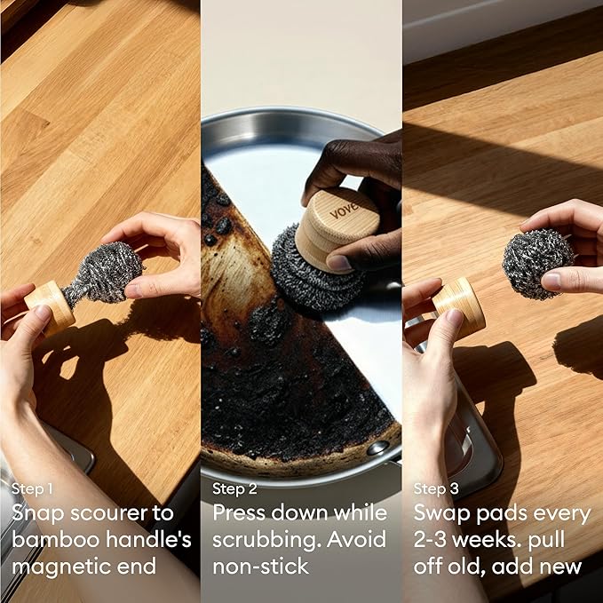 Vove Magnetic Scourer – Rust-Free Stainless Steel Scrubber with FSC-Certified Bamboo Handle, 3 Replacement Pads, for Cast Iron, Pots & Pans, Plastic-Free Zero Waste Cleaner