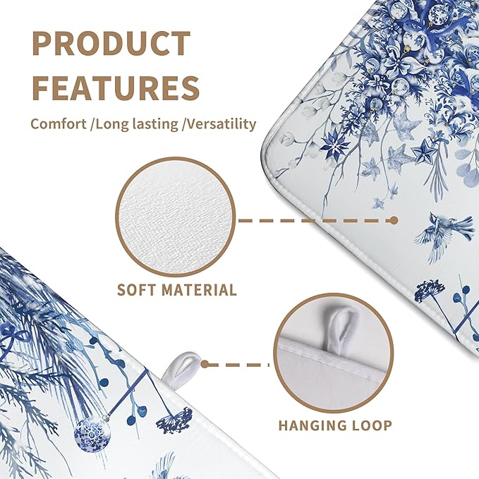 Wnoesat Christmas Tree Dish Drying Mat for Kitchen Counter 18x24 Inch Blue White Chinoiserie Winter Xmas Holiday Drying Mats Microfiber Absorbent Dish Draining Reusable Dish Drainer Pad