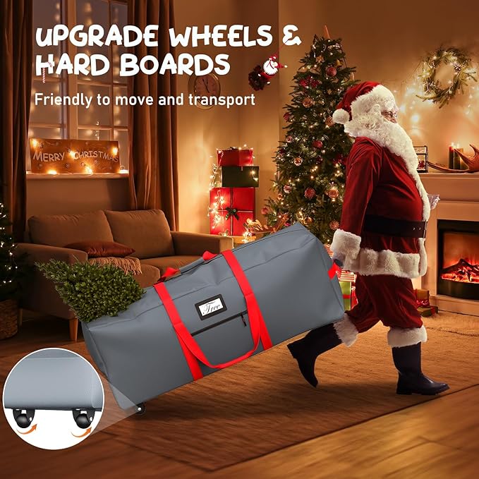 Mrrihand Christmas Tree Storage Bag, Large Artificial Anti-Tear Heavy-Duty 600D Oxford Cloth Xmax Christmas Tree Storage Box with Rolling Wheels, Christmas Tree Storage Container (Grey&Red, 9Ft)