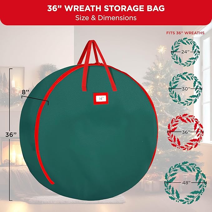 HOLDN’ STORAGE Premium Wreath Storage Bag - Durable Material - Waterproof - Heavy-duty Christmas Storage Container for Xmas Wreath with Dual Zipper Closure, Tear-proof, 36"W x 8"D - Green